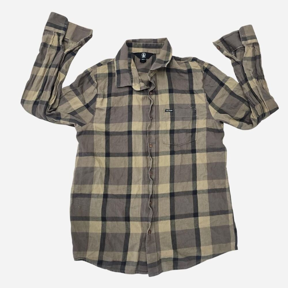 Volcom Men's Size Small brown plaid button-up shirt flannel